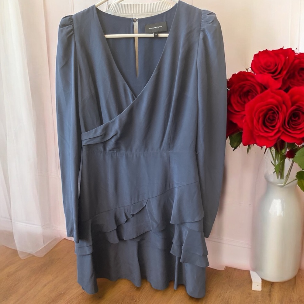 Soft Blue  Long Sleeve Sheath Dress with V-Neck and Ruffled Layers